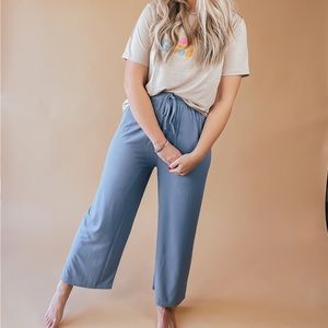 Dusty Blue Ribbed Wide Leg Pants